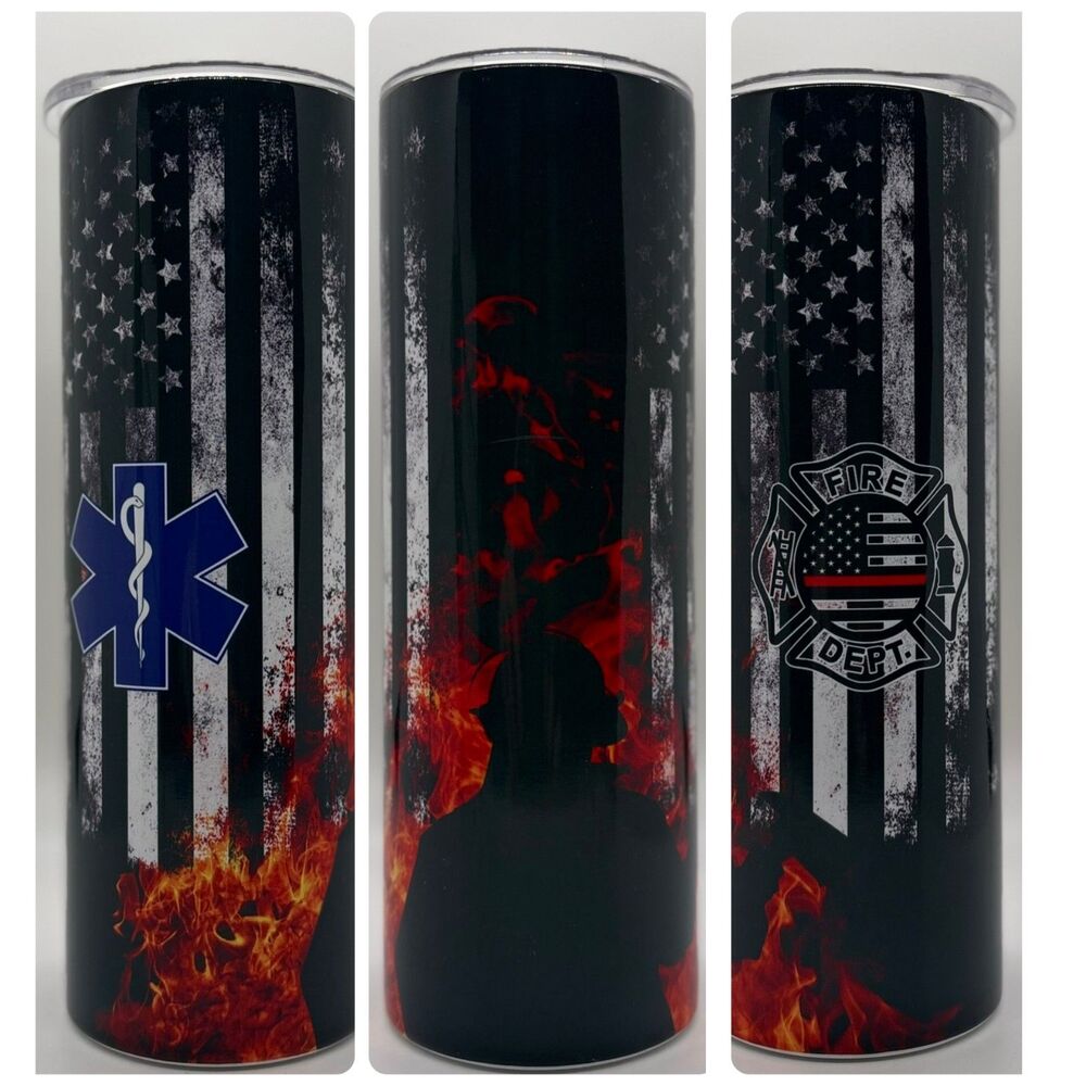 NEW "Firefighter-EMS"  20 oz. Stainless Steel Tumbler w/Straw Set & Silicone Tip